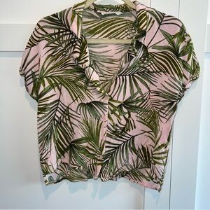 Lush Pink & Green Tropical Leaf Button-Down Top | Vacation Resort Shirt